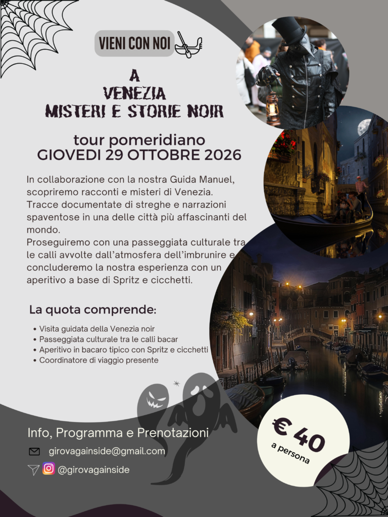 locandina scoprire venezia a tema halloween tra segreti e misteri noir in una passeggiata pomeridiana con guida locale e aperitivo finale giovedi 29 ottobre 2026